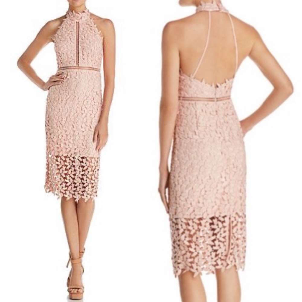 Bardot Gemma Blush Pink Lace Sheath Halter MIDI Dress